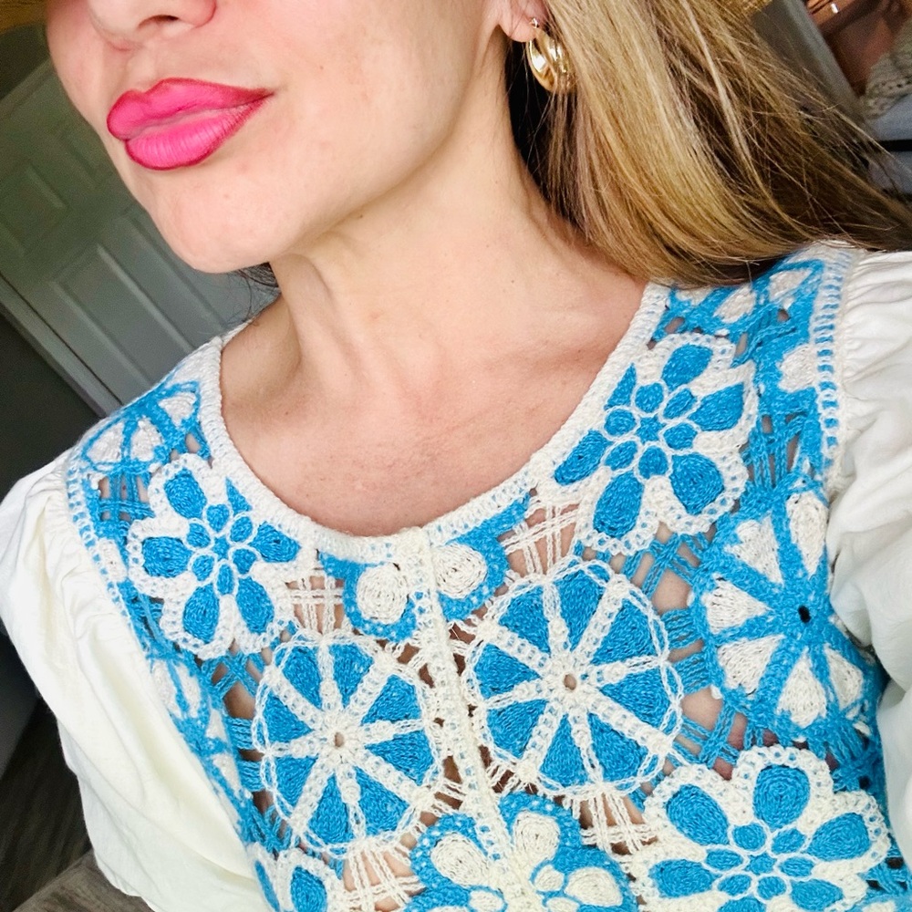 Cato Blue and White Floral Lace Blouse